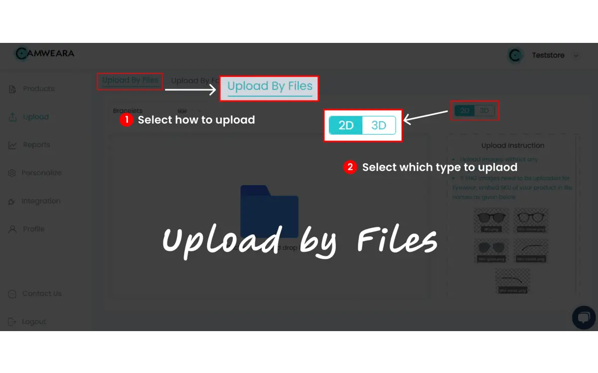 GIF video of showing the options of upload files and 2D changing